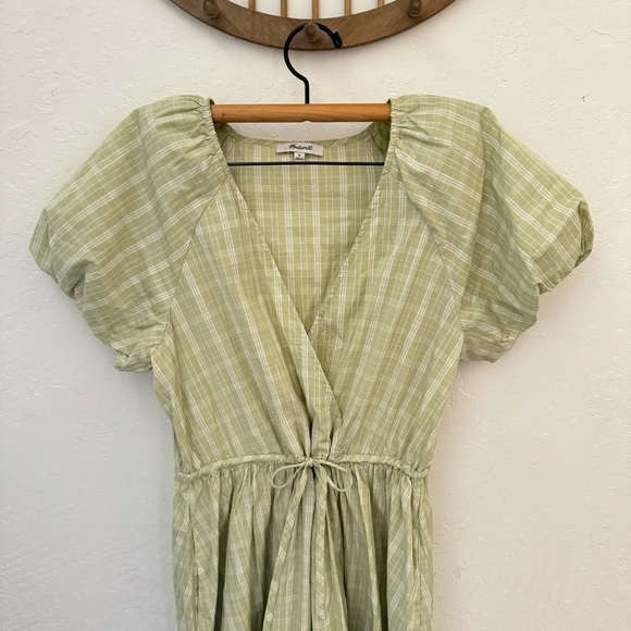 MADEWELL Green Cream Plaid Gingham Tie Waist Midi Dress Puff Sleeve V Neck M - Picture 10 of 11